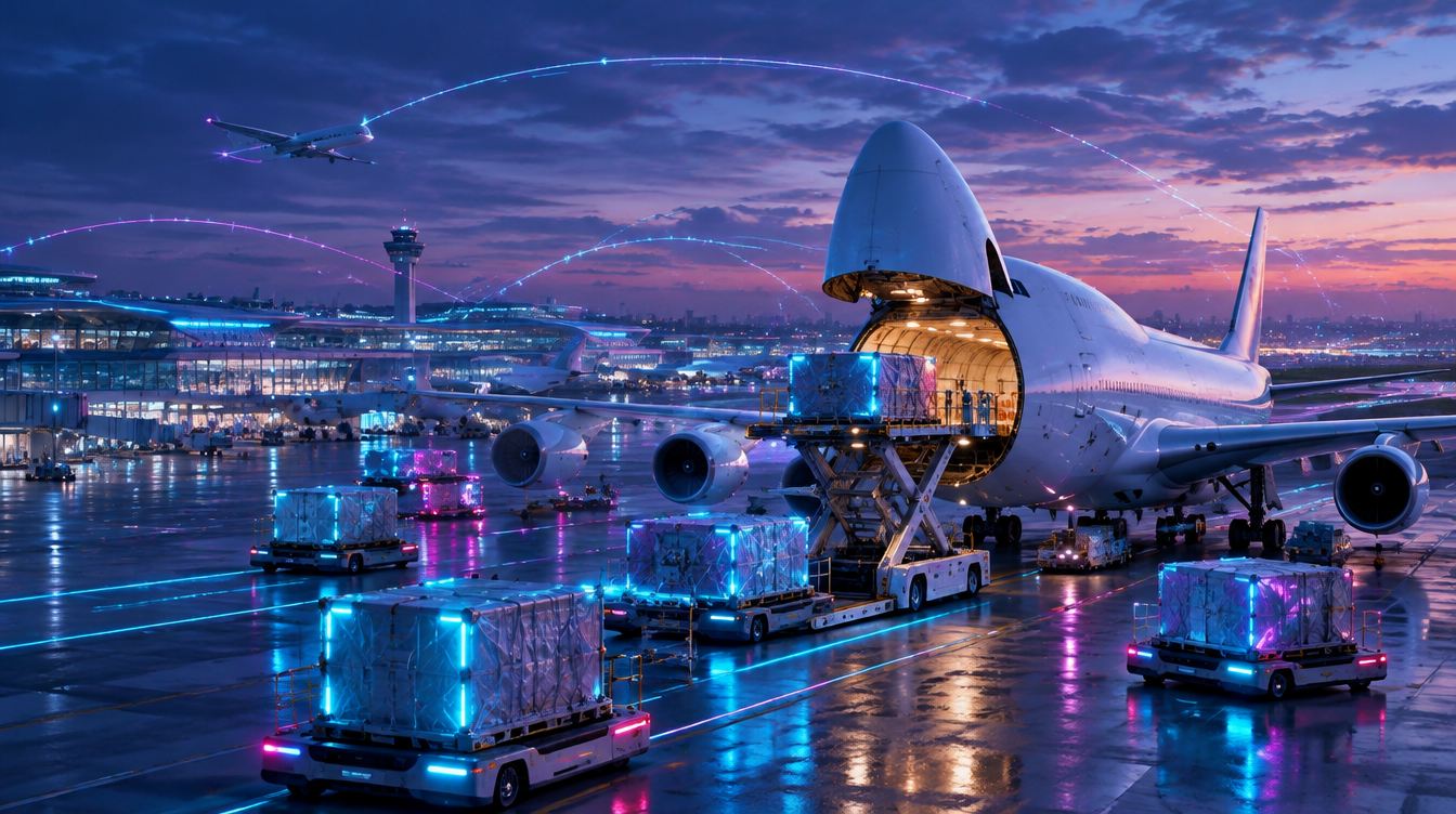 Cargo jet with its nose door open being loaded with glowing containers at dusk