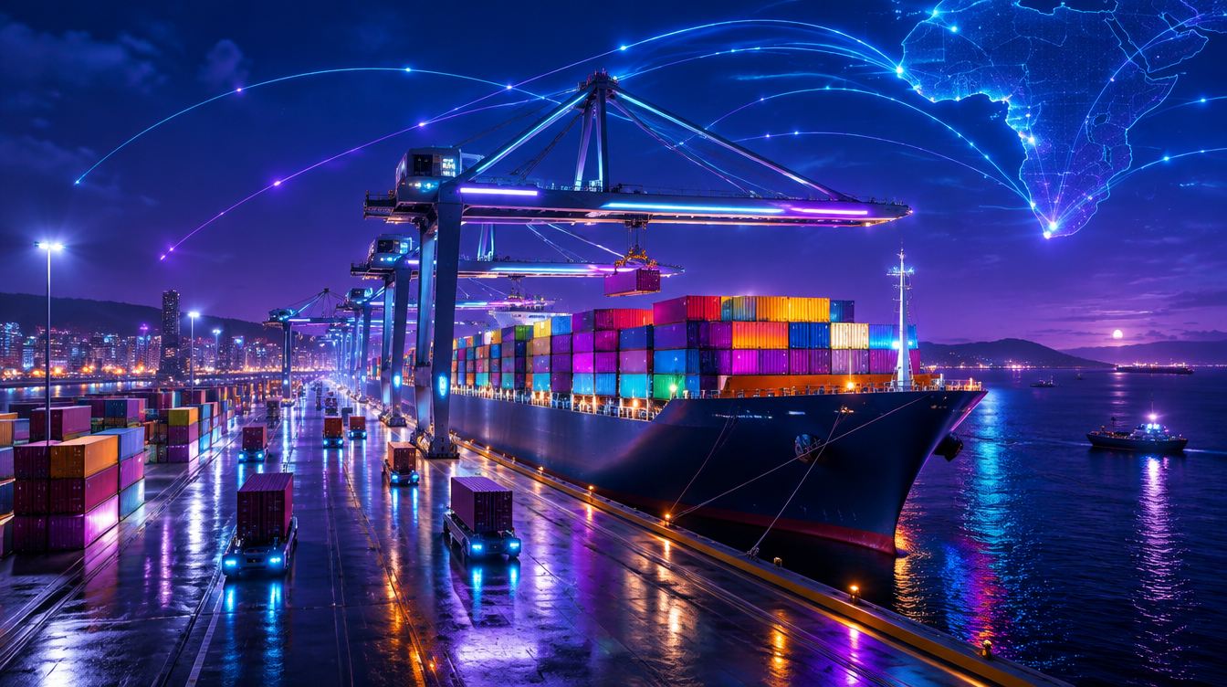 Container ship being loaded by automated cranes at a neon-lit port at night